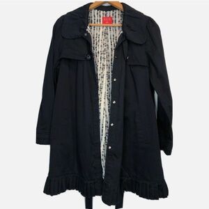 Elle Sz Small Black Trench Coat Pleated/ Ruffled Trim, Tie Waist Belt